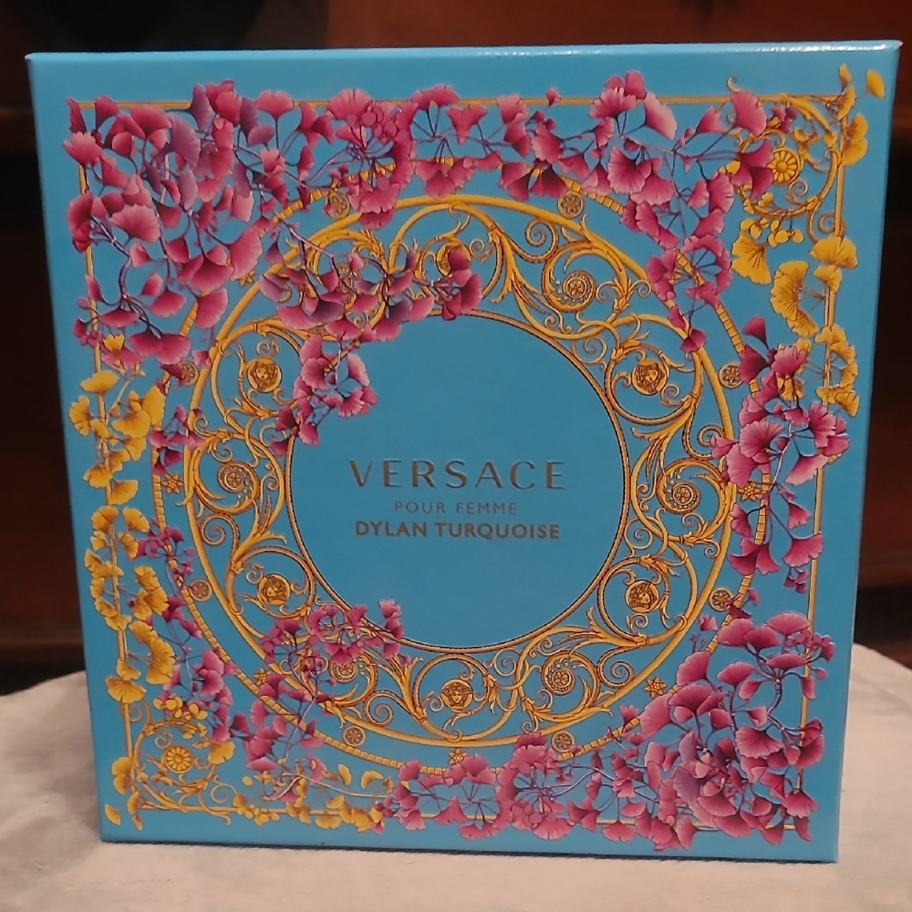 Versace Turquoise Box with Pink and Gold Accents